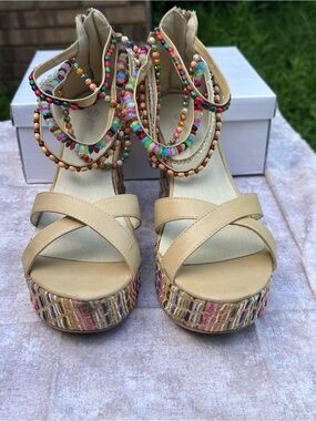 Beaded Multi-Color Wedge Sandals in Tan